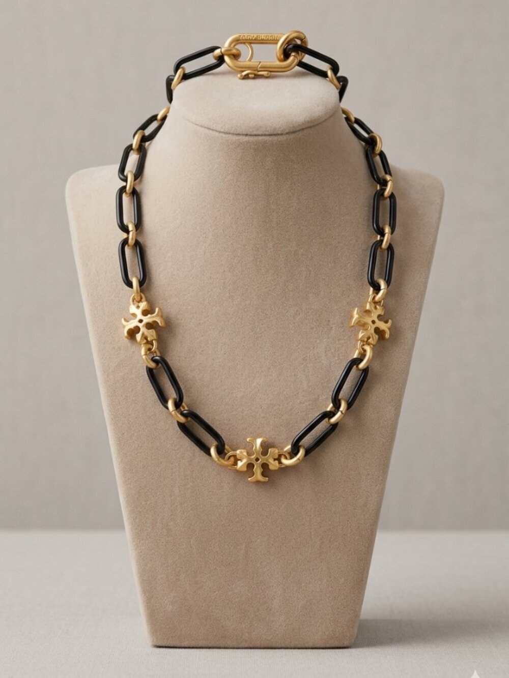 Tory Burch Black and Gold Logo Link Necklace